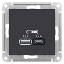 ATLASDESIGN USB РОЗЕТКА А+С, 5В/2,4А, 2х5В/1,2 А, механизм, КАРБОН